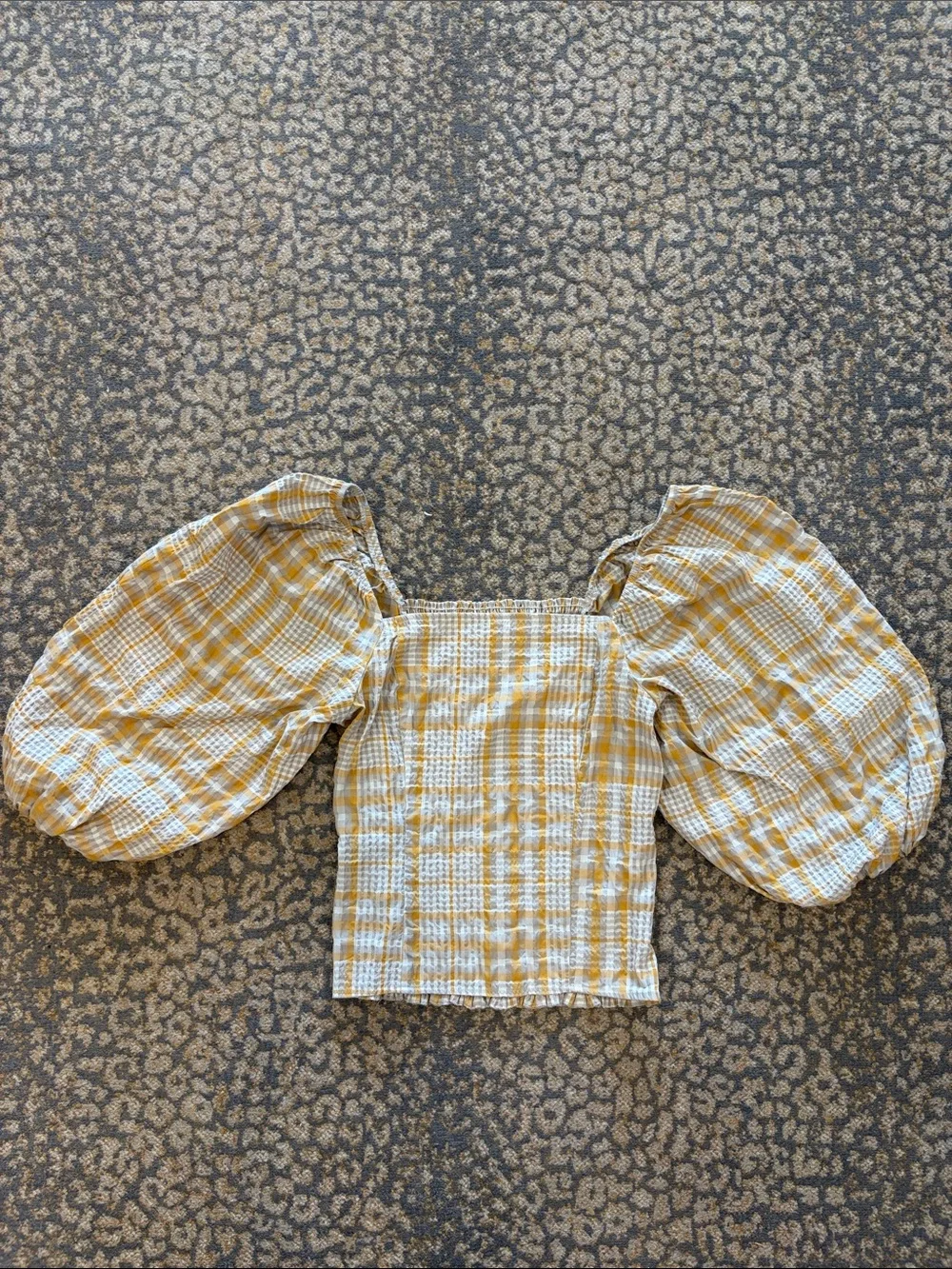 Anthropologie Yellow and White Plaid Puff-Sleeve Blouse
